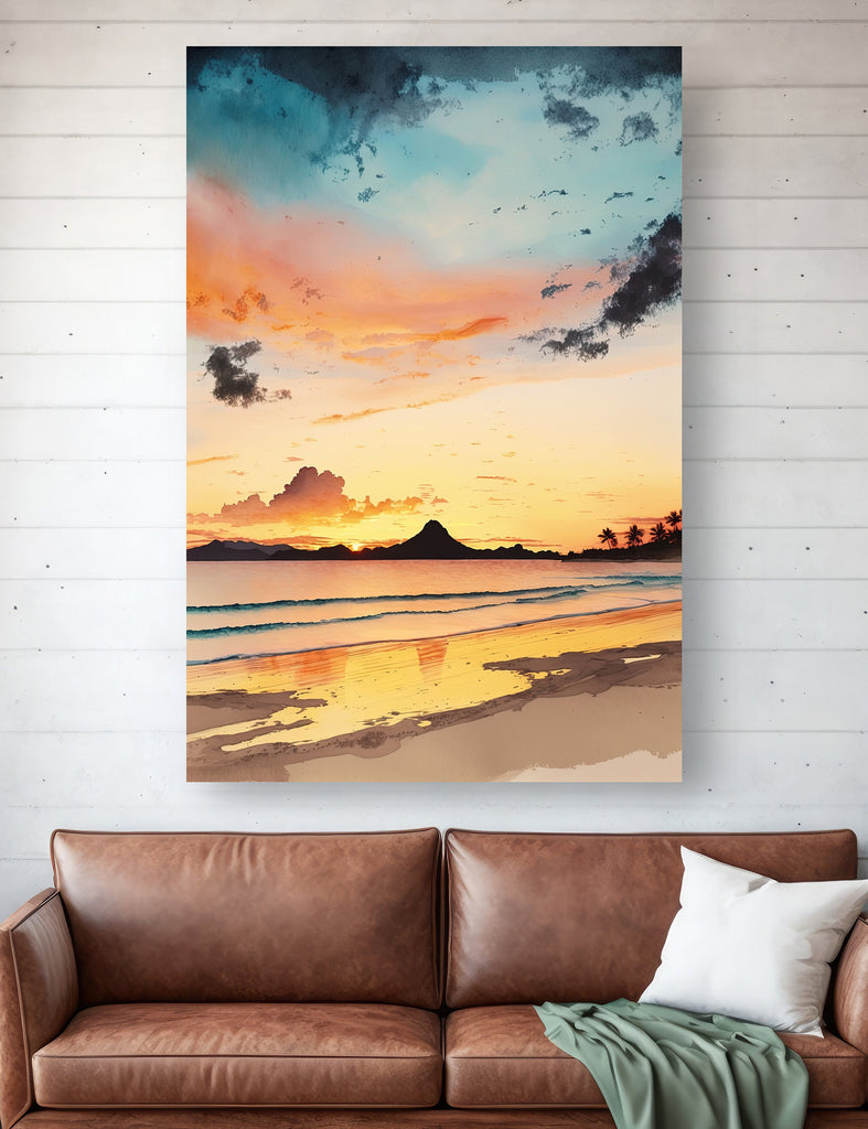 Summer Beach Sunset Watercolor Print Ocean Wall Art Coastal Sea Nature Gift Landscape Home Decor