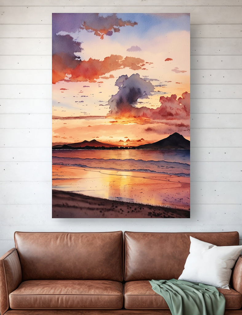 Summer Beach Sunset Watercolor Print Ocean Wall Art Coastal Sea Nature Gift Landscape Home Decor