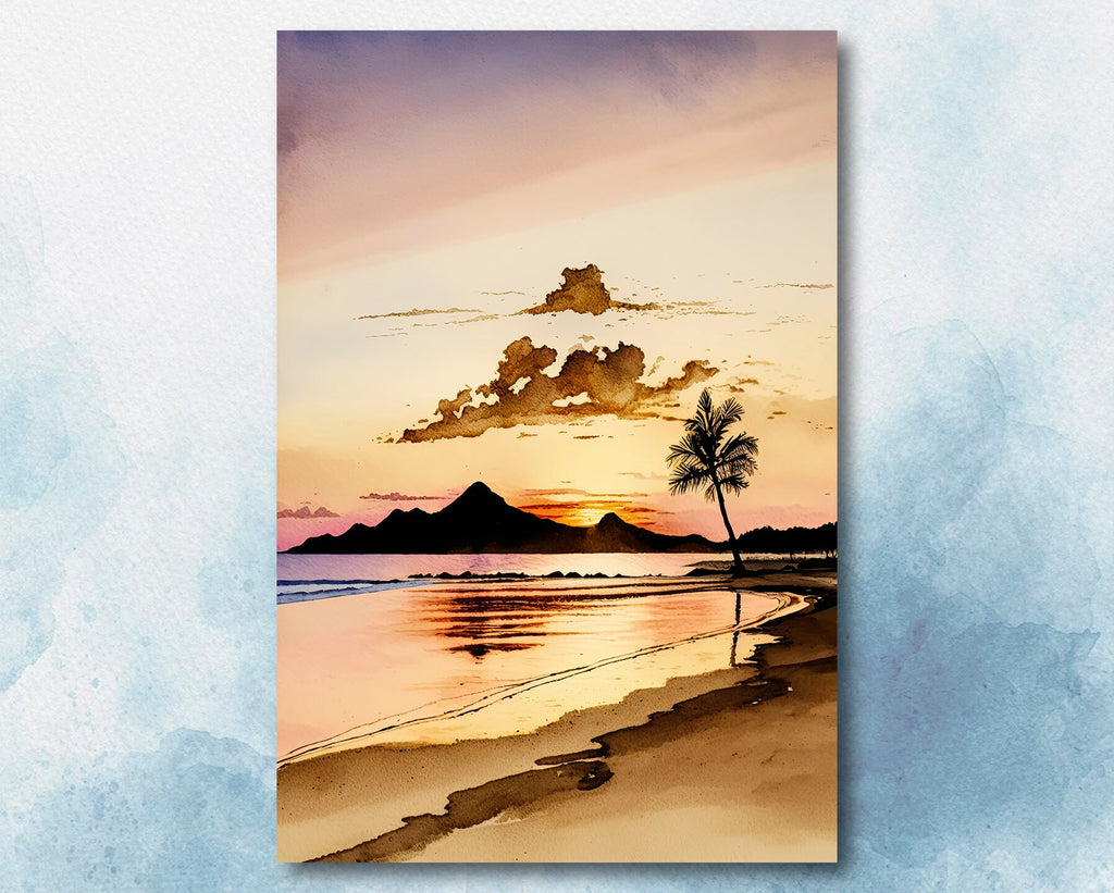 Summer Beach Sunset Watercolor Print Ocean Wall Art Coastal Sea Nature Gift Landscape Home Decor