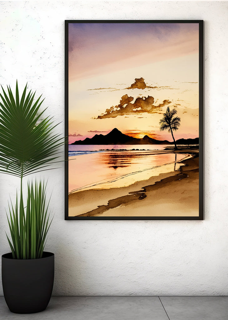 Summer Beach Sunset Watercolor Print Ocean Wall Art Coastal Sea Nature Gift Landscape Home Decor