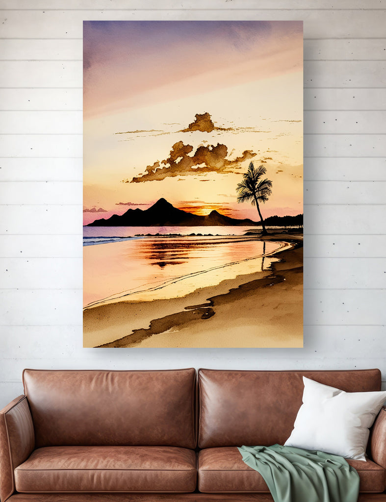 Summer Beach Sunset Watercolor Print Ocean Wall Art Coastal Sea Nature Gift Landscape Home Decor