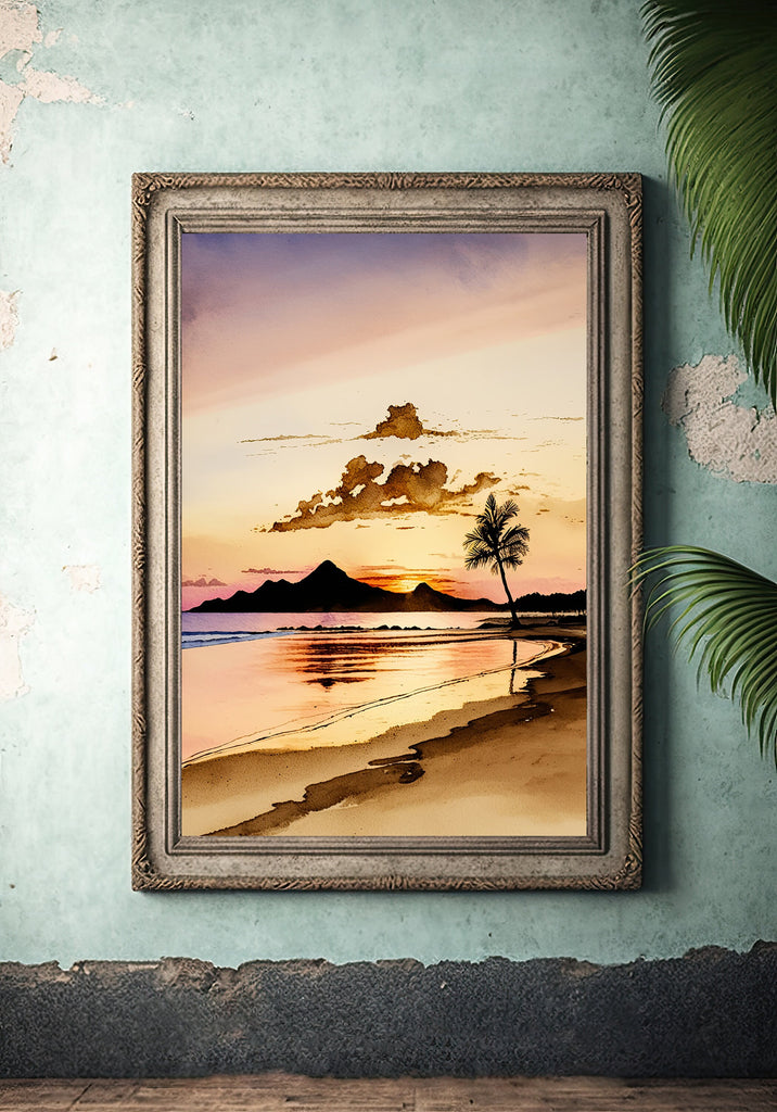 Summer Beach Sunset Watercolor Print Ocean Wall Art Coastal Sea Nature Gift Landscape Home Decor