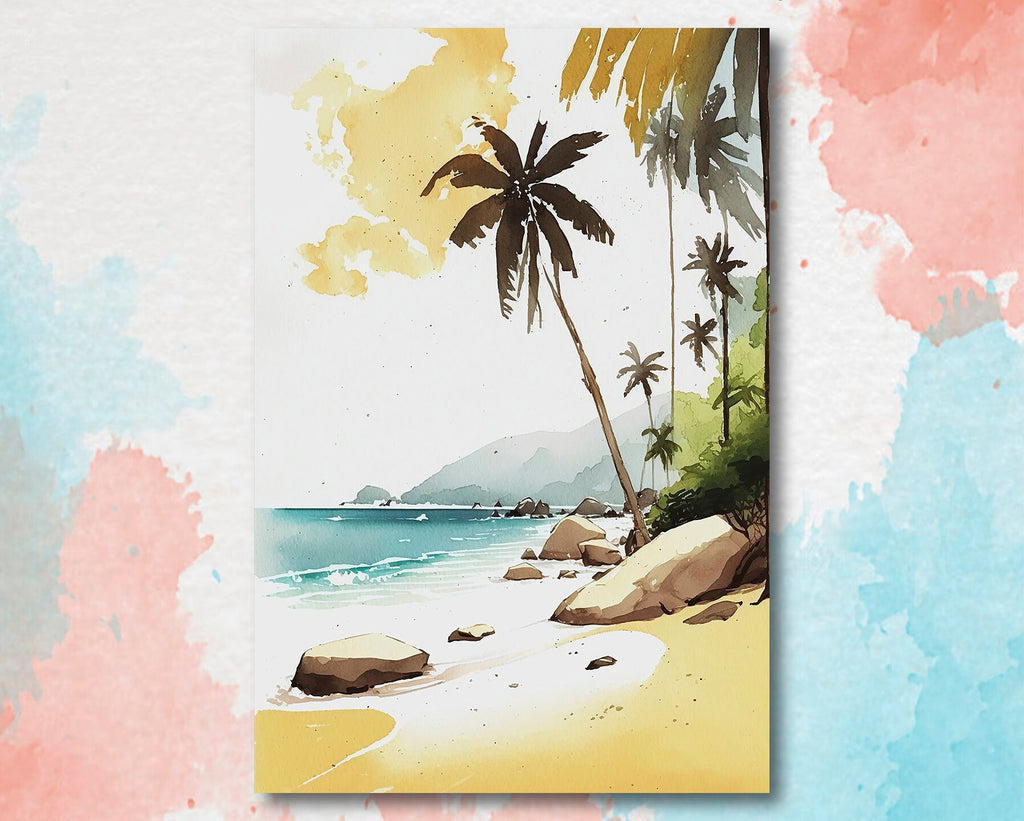 Tropical Palm Tree Beach Art Print Watercolor Coastal Wall Art Nature Inspired French Polynesia Gift Ocean Beach House Decor