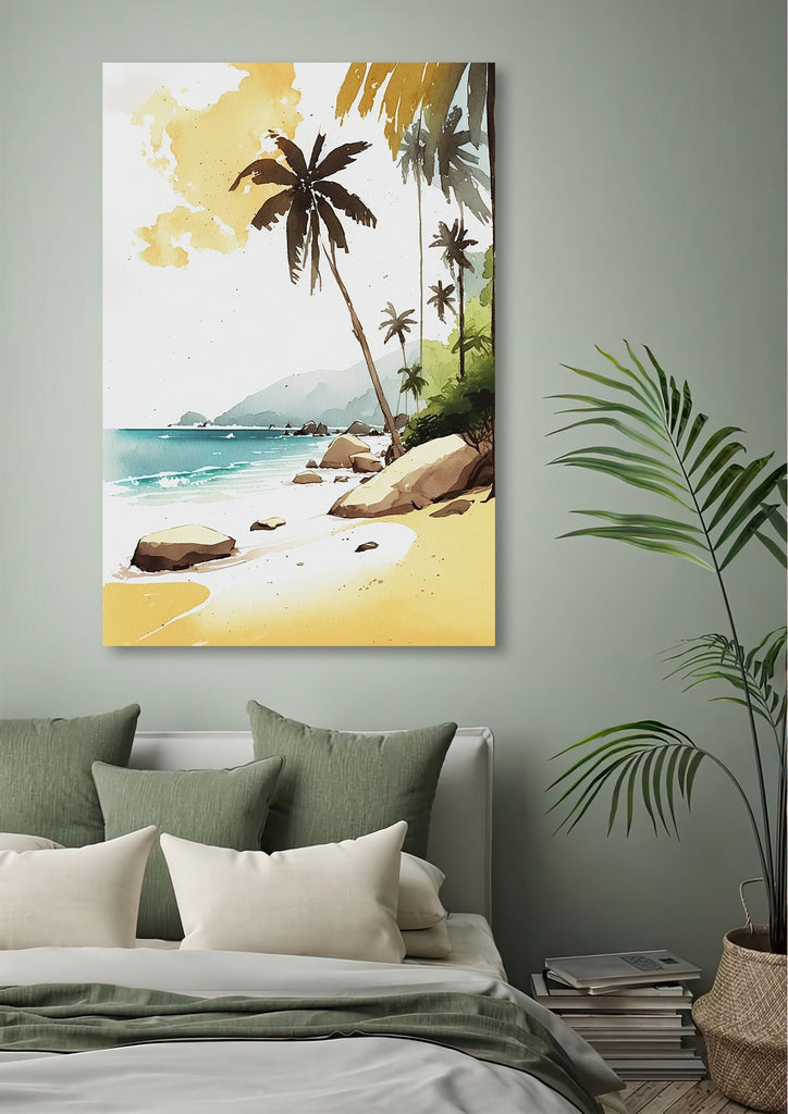 Tropical Palm Tree Beach Art Print Watercolor Coastal Wall Art Nature Inspired French Polynesia Gift Ocean Beach House Decor