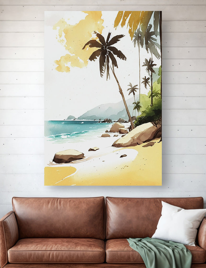 Tropical Palm Tree Beach Art Print Watercolor Coastal Wall Art Nature Inspired French Polynesia Gift Ocean Beach House Decor