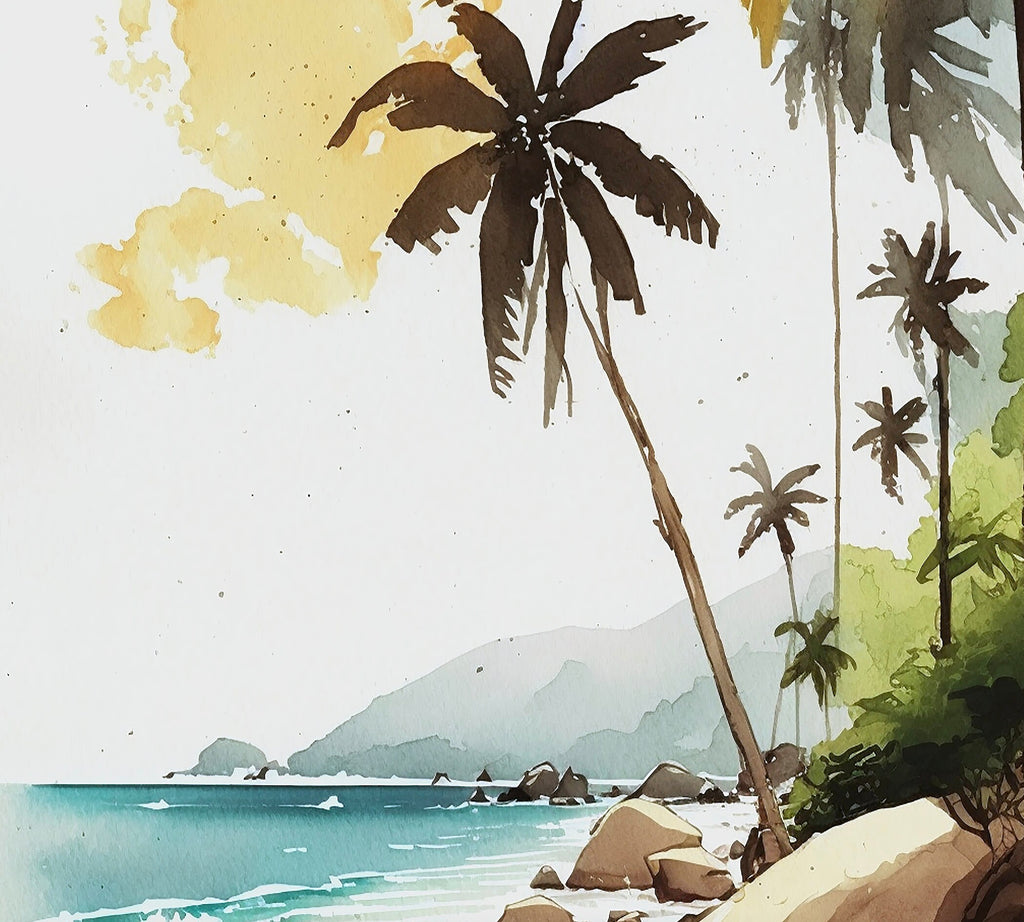 Tropical Palm Tree Beach Art Print Watercolor Coastal Wall Art Nature Inspired French Polynesia Gift Ocean Beach House Decor