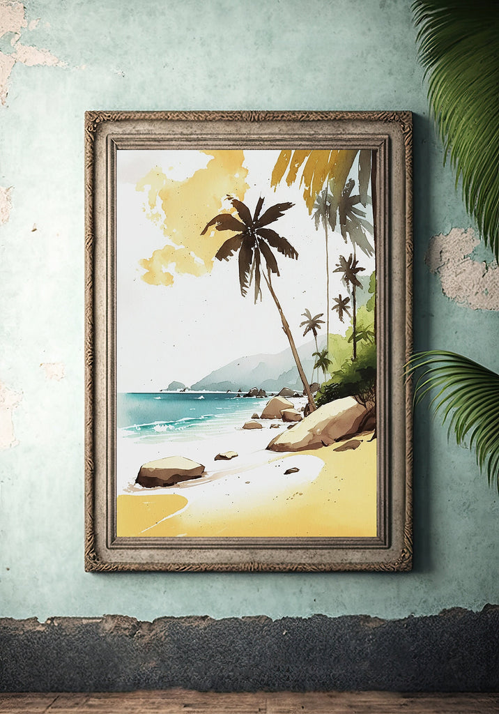 Tropical Palm Tree Beach Art Print Watercolor Coastal Wall Art Nature Inspired French Polynesia Gift Ocean Beach House Decor