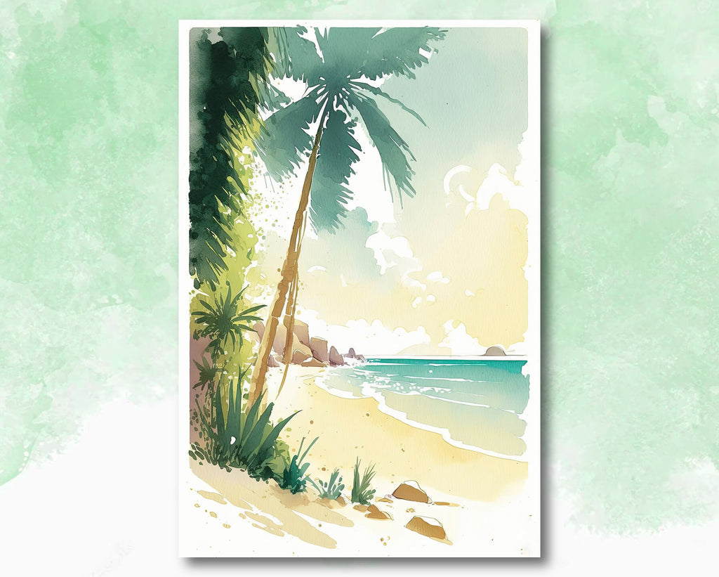 Tropical Palm Tree Beach Art Print Watercolor Coastal Wall Art Nature Inspired French Polynesia Gift Ocean Beach House Decor