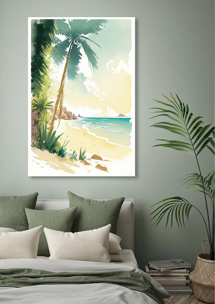 Tropical Palm Tree Beach Art Print Watercolor Coastal Wall Art Nature Inspired French Polynesia Gift Ocean Beach House Decor