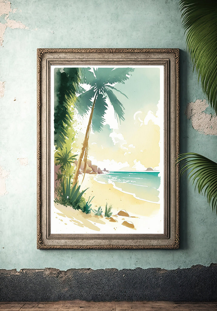 Tropical Palm Tree Beach Art Print Watercolor Coastal Wall Art Nature Inspired French Polynesia Gift Ocean Beach House Decor