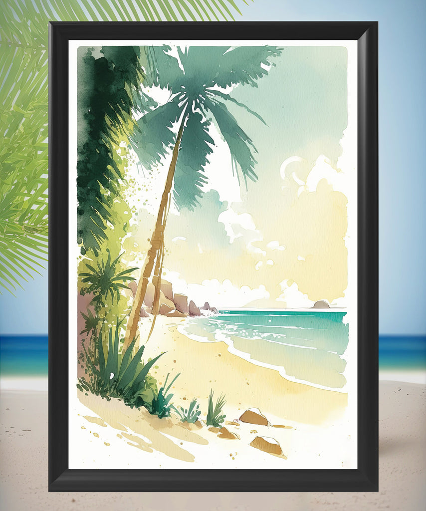 Tropical Palm Tree Beach Art Print Watercolor Coastal Wall Art Nature Inspired French Polynesia Gift Ocean Beach House Decor