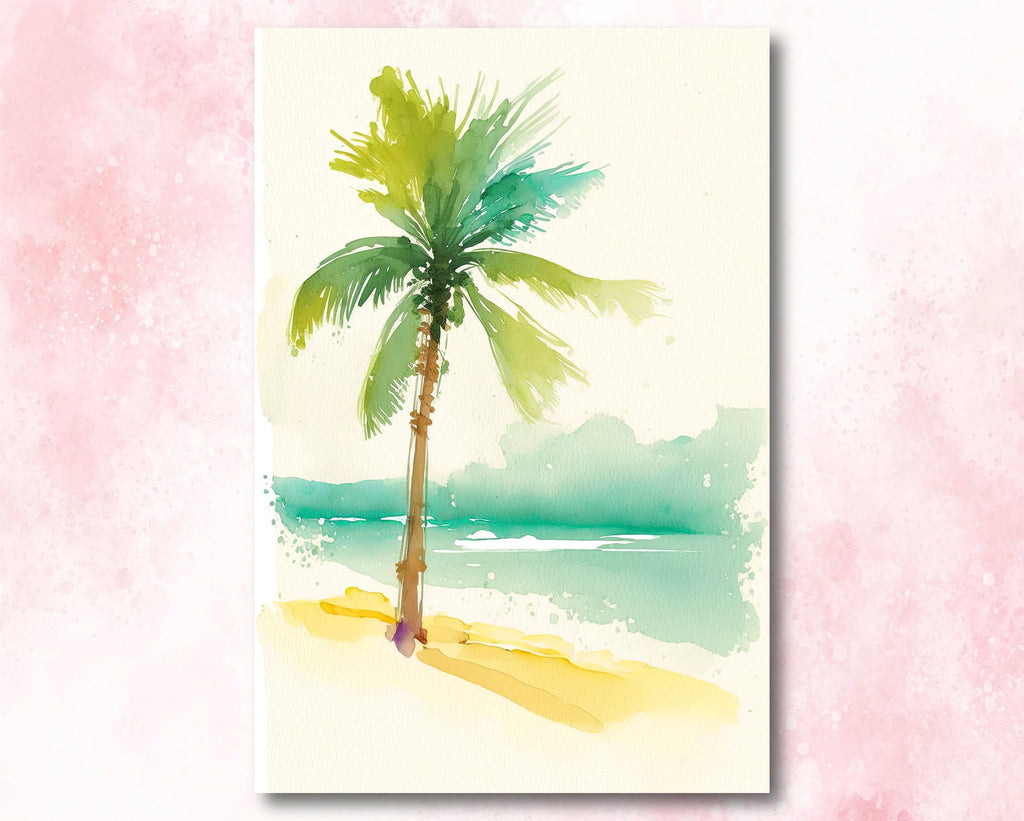 Tropical Palm Tree Beach Art Print Watercolor Coastal Wall Art Nature Inspired French Polynesia Gift Ocean Beach House Decor