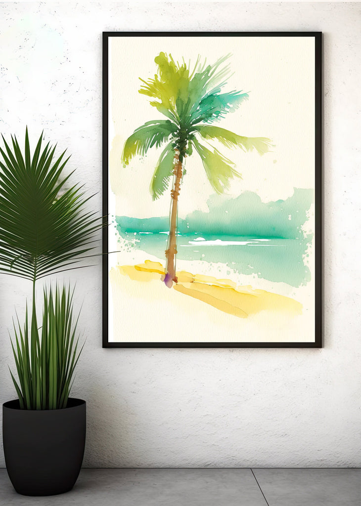 Tropical Palm Tree Beach Art Print Watercolor Coastal Wall Art Nature Inspired French Polynesia Gift Ocean Beach House Decor