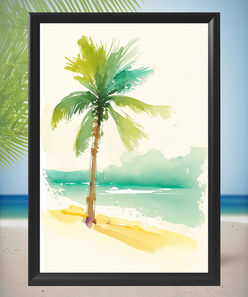 Tropical Palm Tree Beach Art Print Watercolor Coastal Wall Art Nature Inspired French Polynesia Gift Ocean Beach House Decor