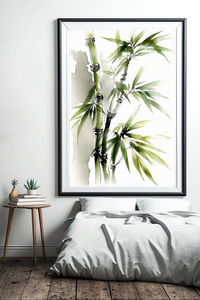 Minimalist Japanese Bamboo Plant Wall Art Asian Print Nature Inspired Zen Botanical Watercolor Painting Gift Floral Decor