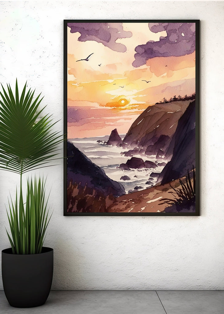 California Big Sur Beach Sunset Art Print Watercolor Ocean Wall Art Coastal Landscape Painting Gift Beach House Decor