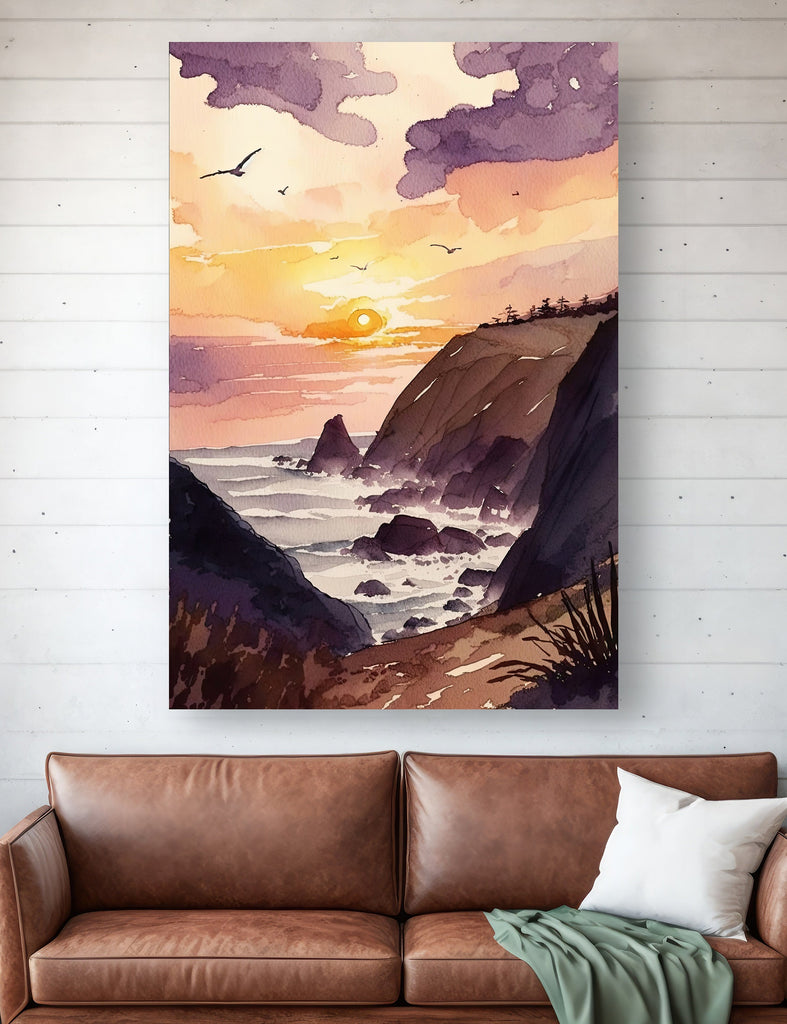 California Big Sur Beach Sunset Art Print Watercolor Ocean Wall Art Coastal Landscape Painting Gift Beach House Decor