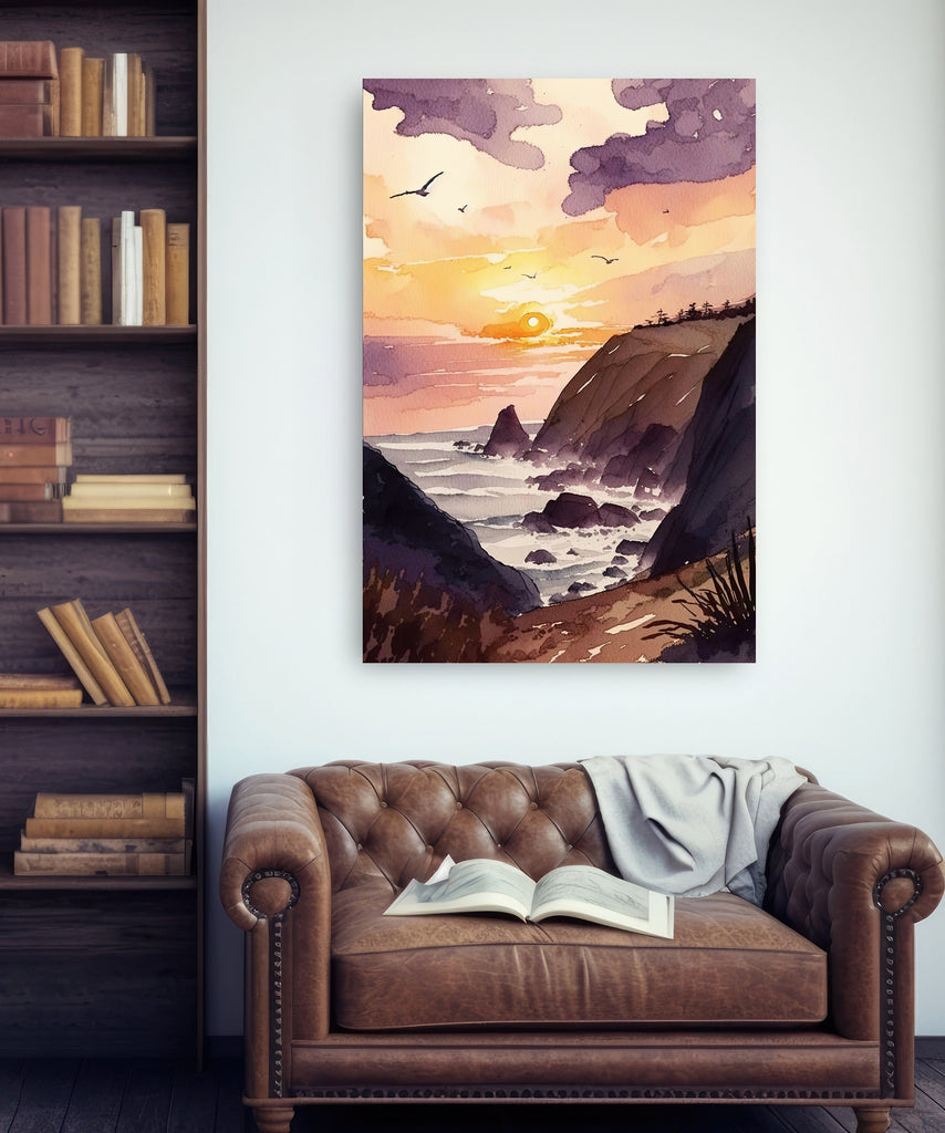 California Big Sur Beach Sunset Art Print Watercolor Ocean Wall Art Coastal Landscape Painting Gift Beach House Decor