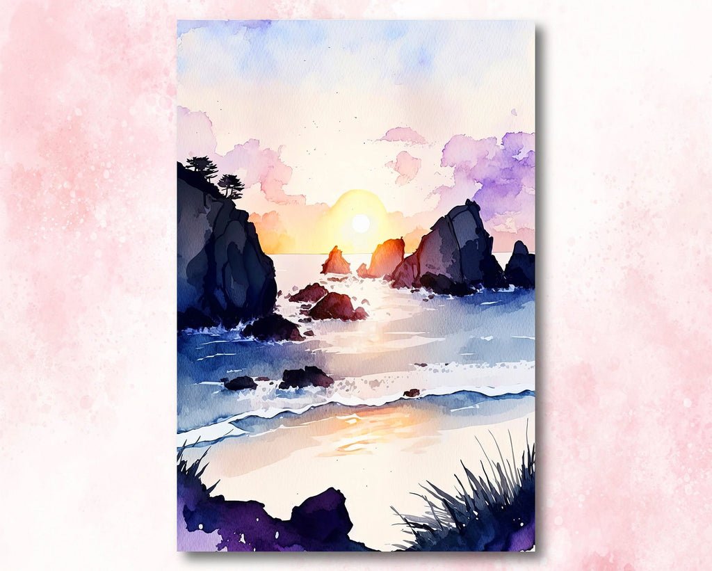 California Big Sur Beach Sunset Art Print Watercolor Ocean Wall Art Coastal Landscape Painting Gift Beach House Decor