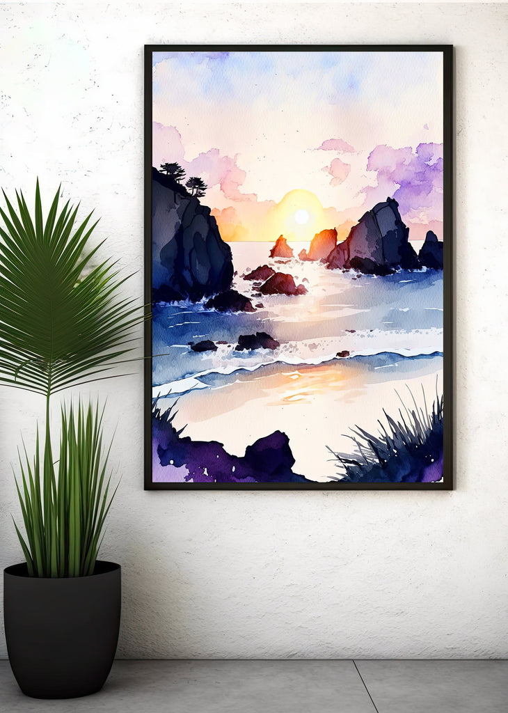 California Big Sur Beach Sunset Art Print Watercolor Ocean Wall Art Coastal Landscape Painting Gift Beach House Decor