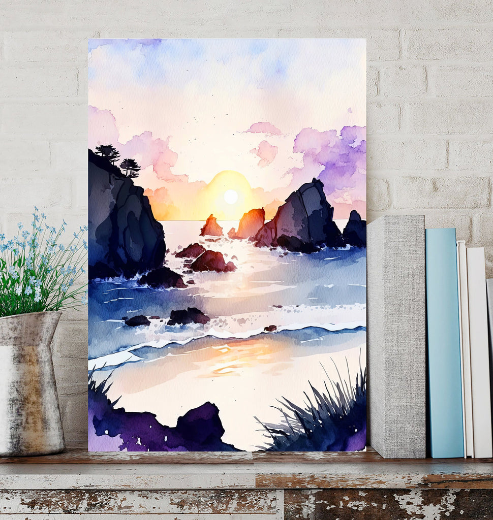 California Big Sur Beach Sunset Art Print Watercolor Ocean Wall Art Coastal Landscape Painting Gift Beach House Decor