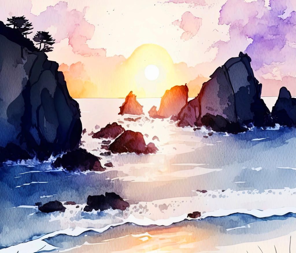 California Big Sur Beach Sunset Art Print Watercolor Ocean Wall Art Coastal Landscape Painting Gift Beach House Decor