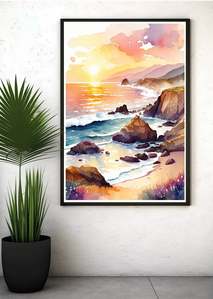 California Big Sur Beach Sunset Art Print Watercolor Ocean Wall Art Coastal Landscape Painting Gift Beach House Decor