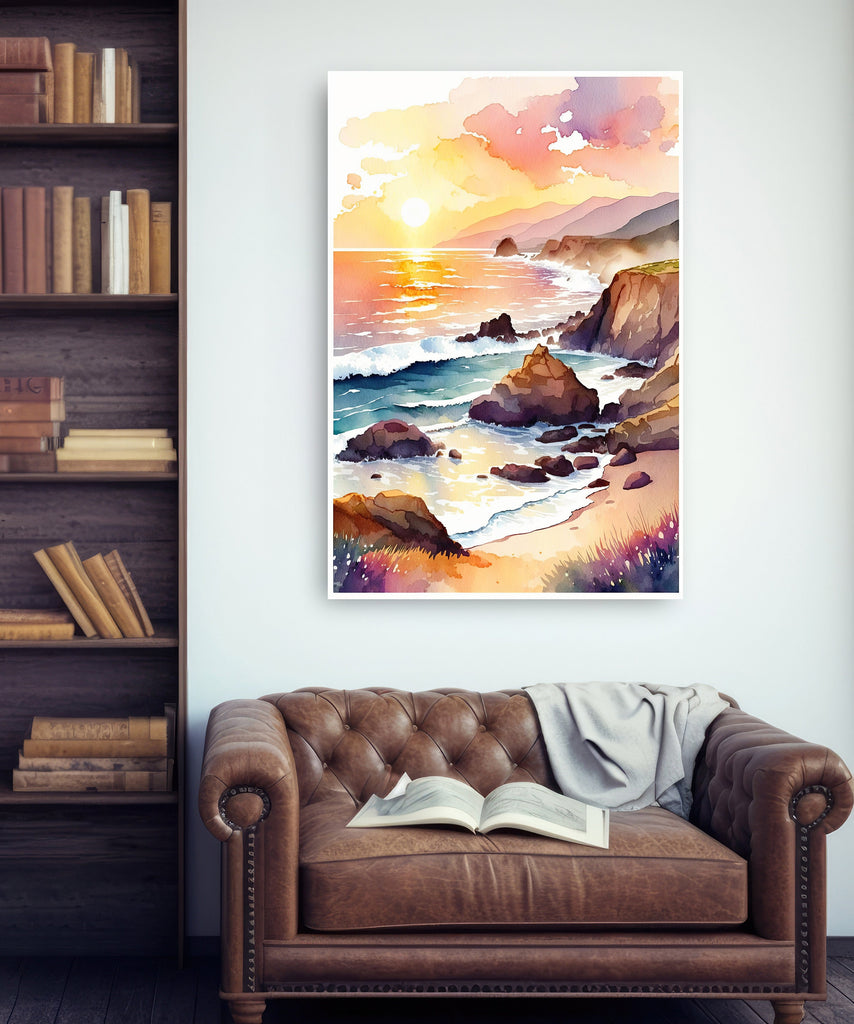 California Big Sur Beach Sunset Art Print Watercolor Ocean Wall Art Coastal Landscape Painting Gift Beach House Decor