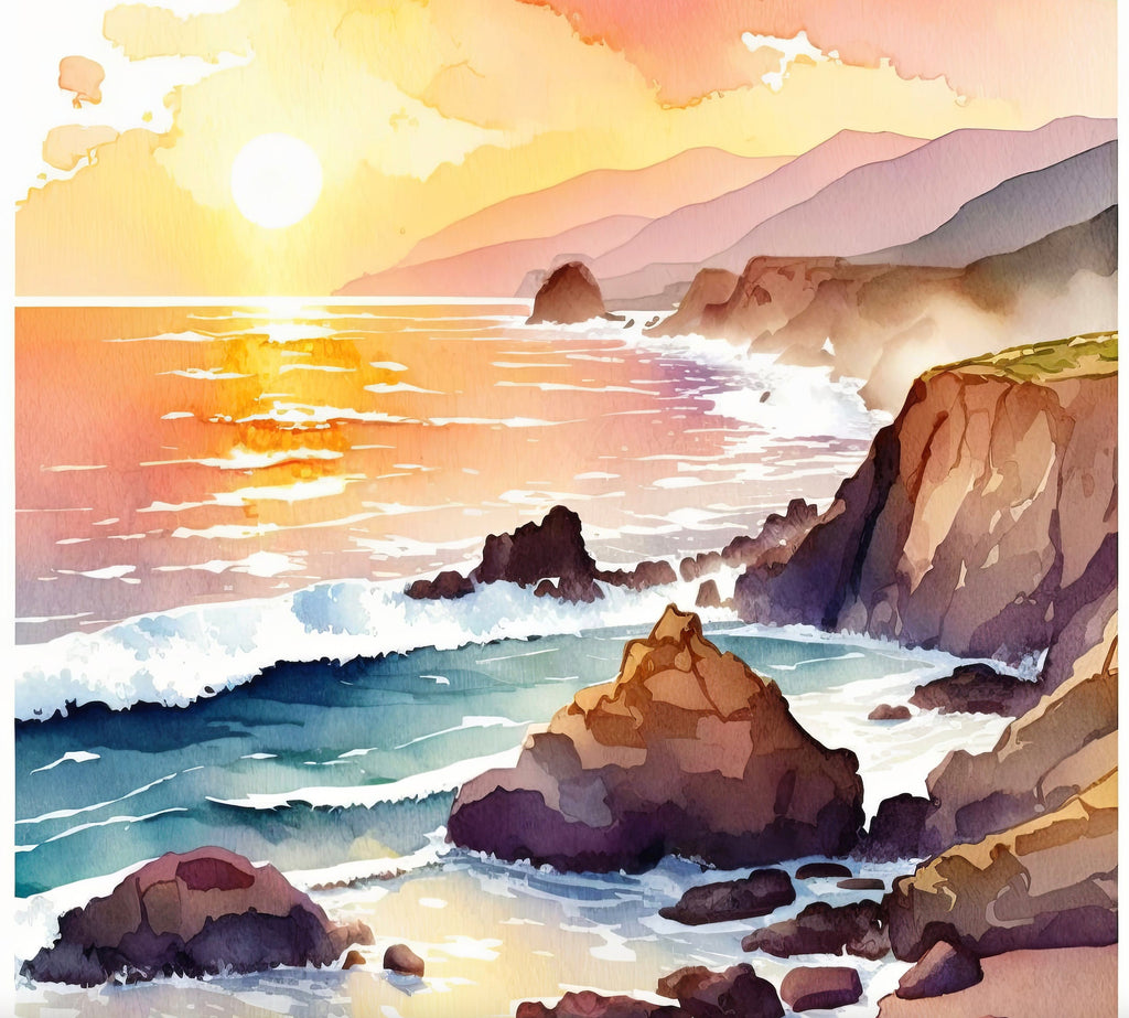 California Big Sur Beach Sunset Art Print Watercolor Ocean Wall Art Coastal Landscape Painting Gift Beach House Decor