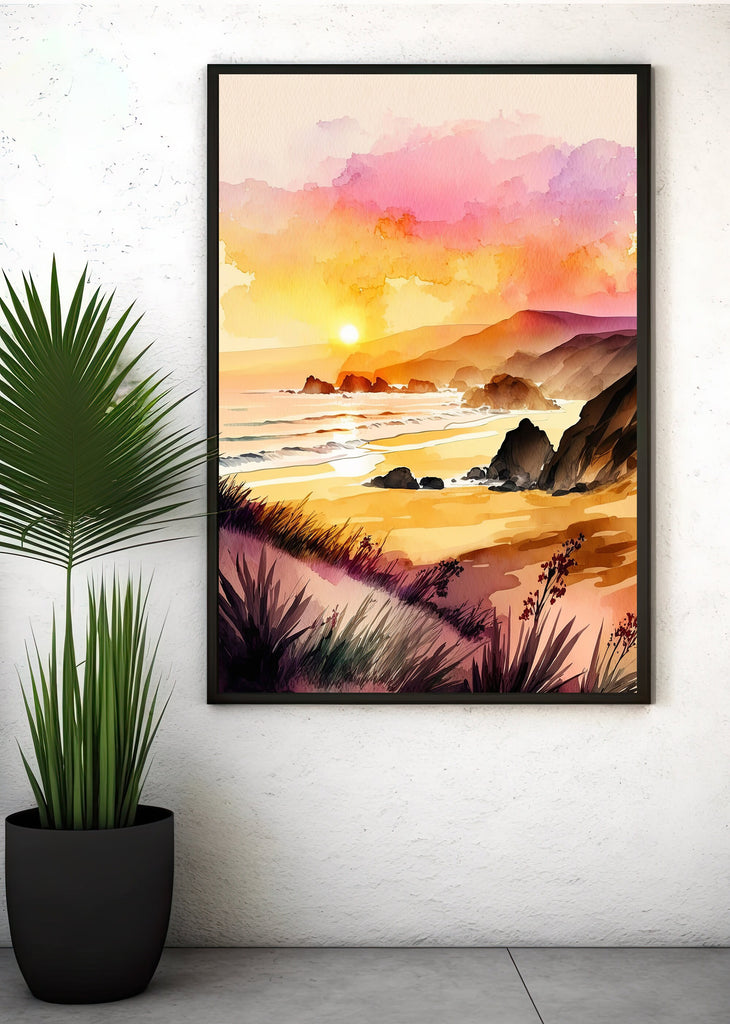 California Big Sur Beach Sunset Art Print Watercolor Ocean Wall Art Coastal Landscape Painting Gift Beach House Decor