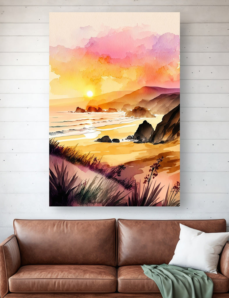 California Big Sur Beach Sunset Art Print Watercolor Ocean Wall Art Coastal Landscape Painting Gift Beach House Decor