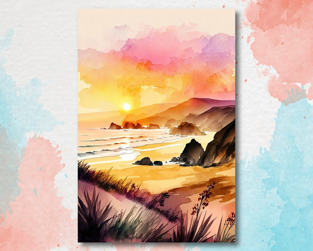 California Big Sur Beach Sunset Art Print Watercolor Ocean Wall Art Coastal Landscape Painting Gift Beach House Decor