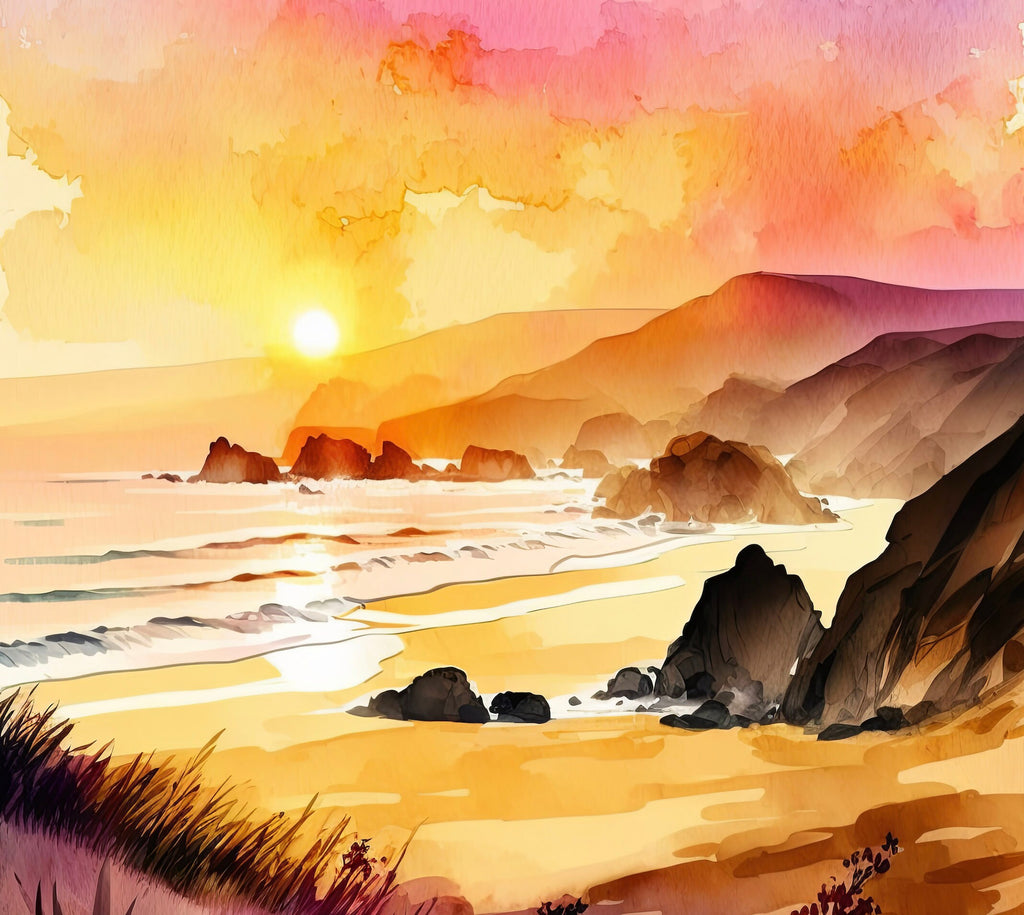 California Big Sur Beach Sunset Art Print Watercolor Ocean Wall Art Coastal Landscape Painting Gift Beach House Decor