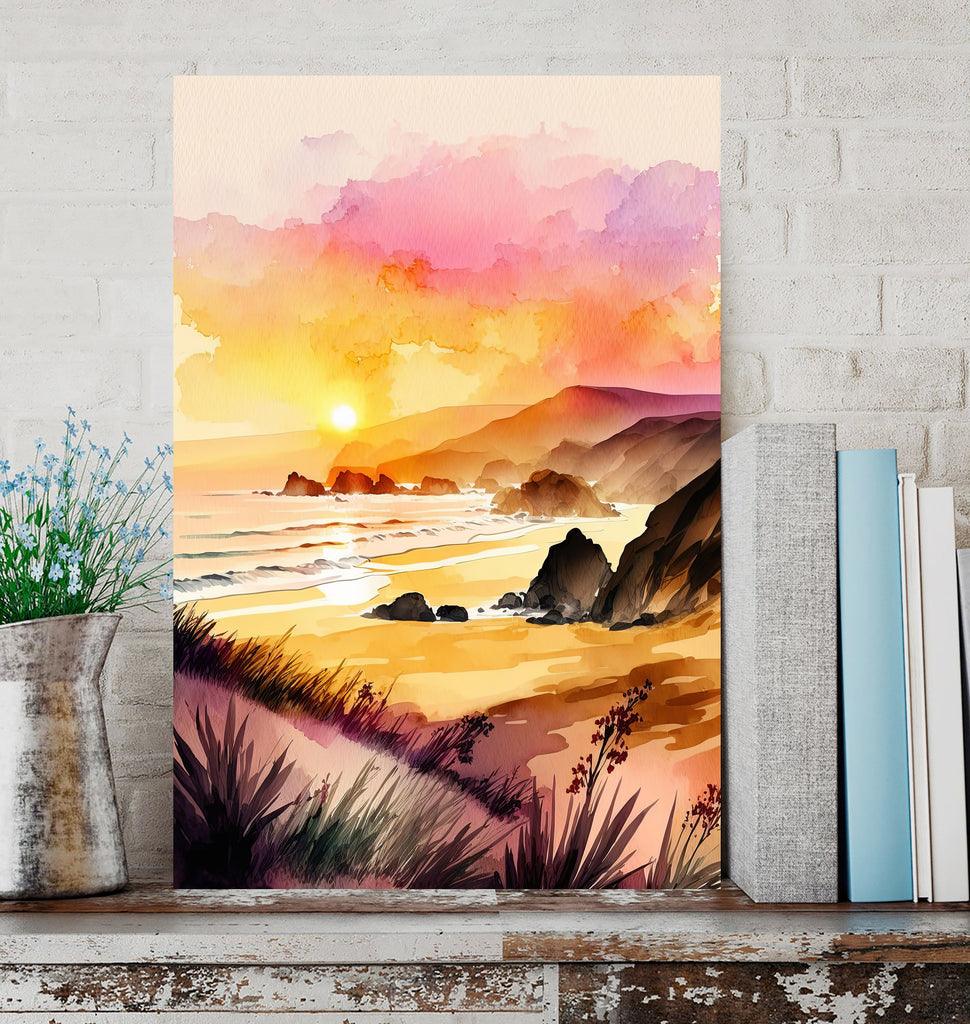 California Big Sur Beach Sunset Art Print Watercolor Ocean Wall Art Coastal Landscape Painting Gift Beach House Decor