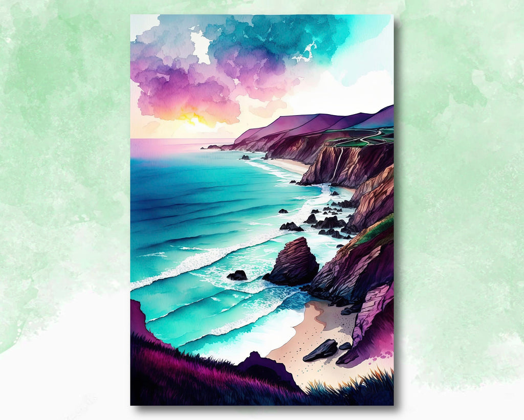 California Big Sur Beach Sunset Art Print Watercolor Ocean Wall Art Coastal Landscape Painting Gift Beach House Decor