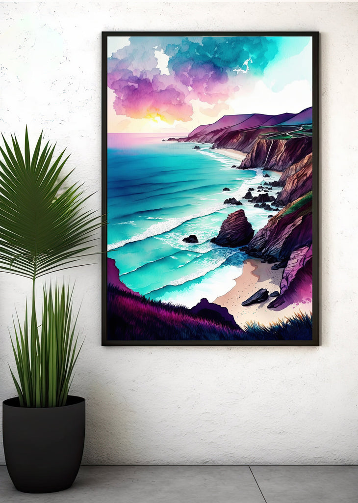 California Big Sur Beach Sunset Art Print Watercolor Ocean Wall Art Coastal Landscape Painting Gift Beach House Decor