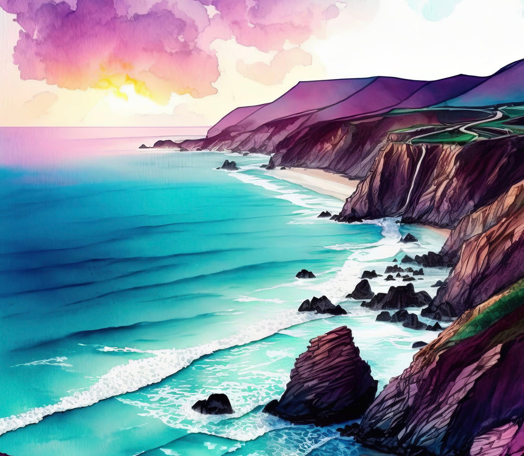 California Big Sur Beach Sunset Art Print Watercolor Ocean Wall Art Coastal Landscape Painting Gift Beach House Decor