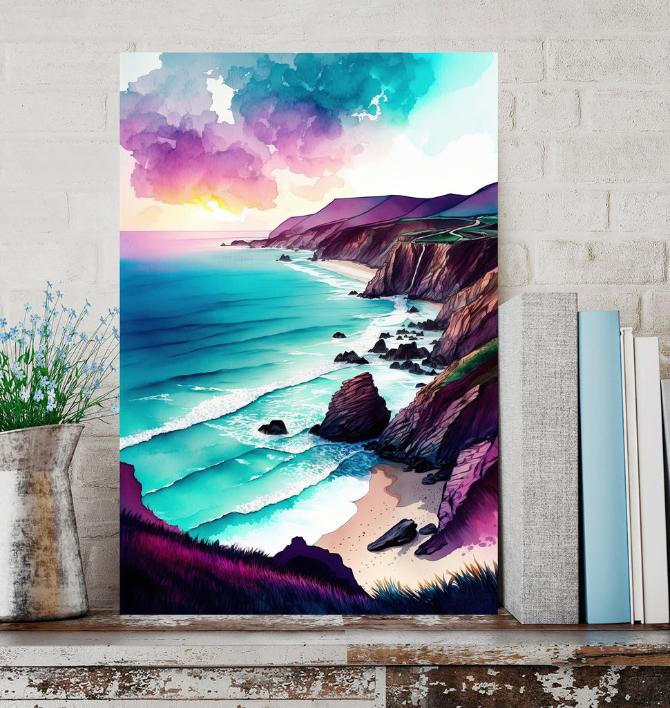 California Big Sur Beach Sunset Art Print Watercolor Ocean Wall Art Coastal Landscape Painting Gift Beach House Decor