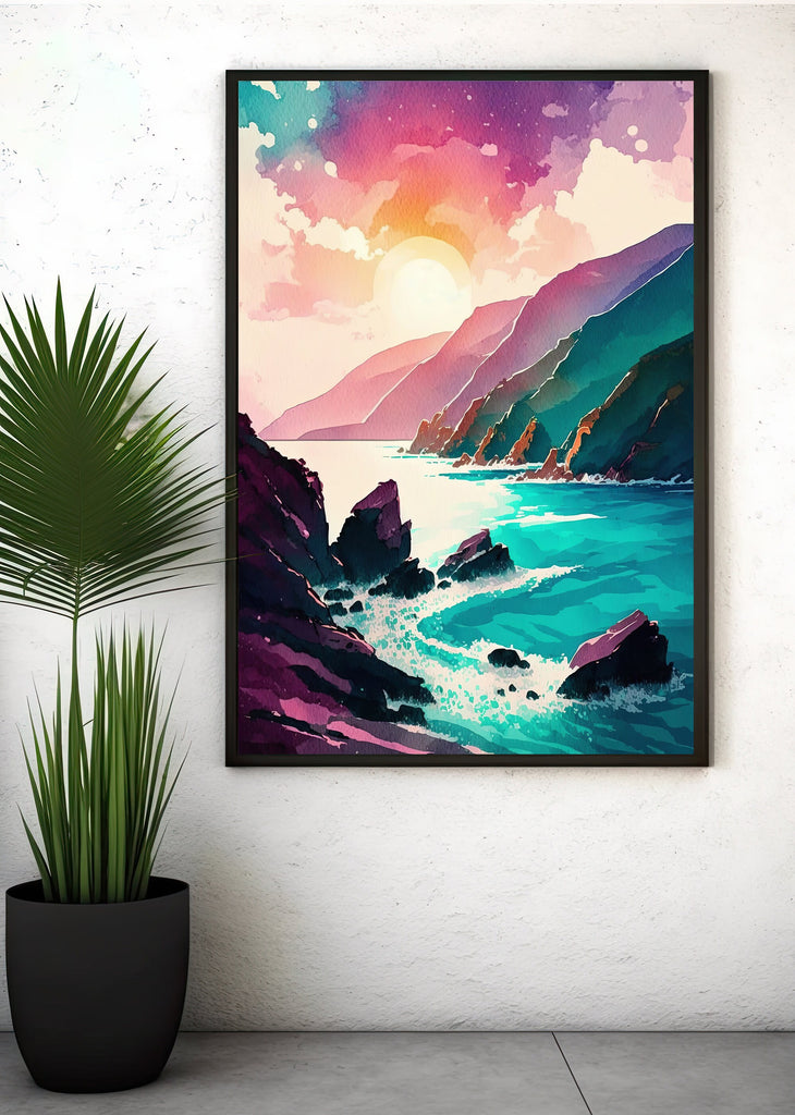 California Big Sur Beach Sunset Art Print Watercolor Ocean Wall Art Coastal Landscape Painting Gift Beach House Decor