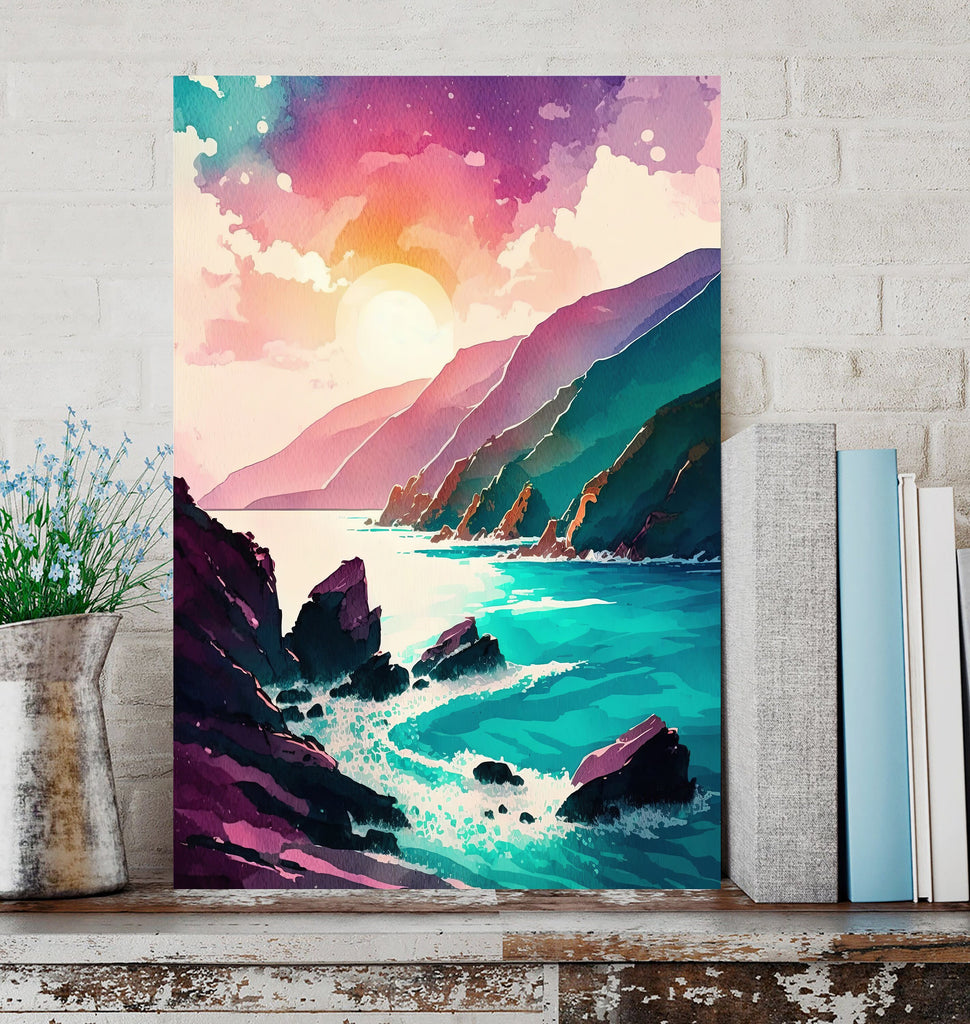 California Big Sur Beach Sunset Art Print Watercolor Ocean Wall Art Coastal Landscape Painting Gift Beach House Decor