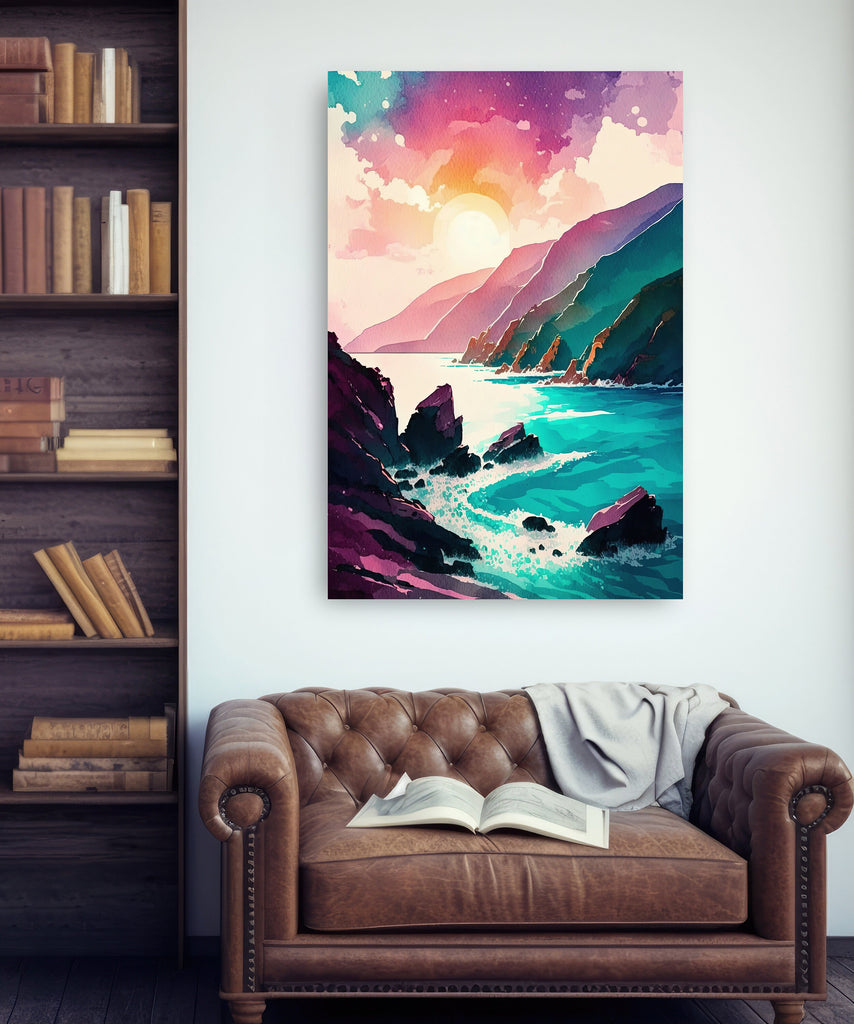 California Big Sur Beach Sunset Art Print Watercolor Ocean Wall Art Coastal Landscape Painting Gift Beach House Decor