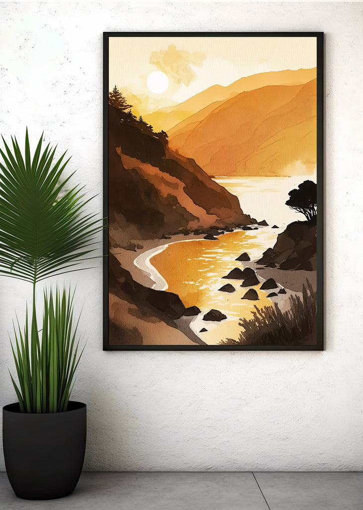 California Big Sur Beach Sunset Art Print Watercolor Ocean Wall Art Coastal Landscape Painting Gift Beach House Decor