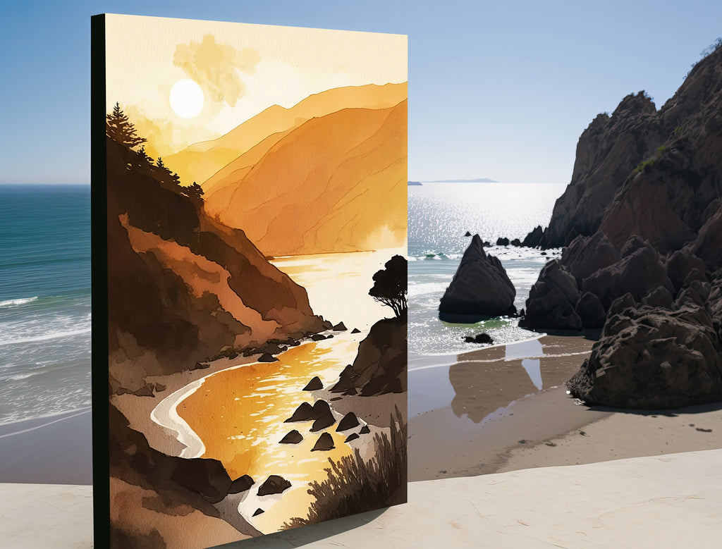 California Big Sur Beach Sunset Art Print Watercolor Ocean Wall Art Coastal Landscape Painting Gift Beach House Decor