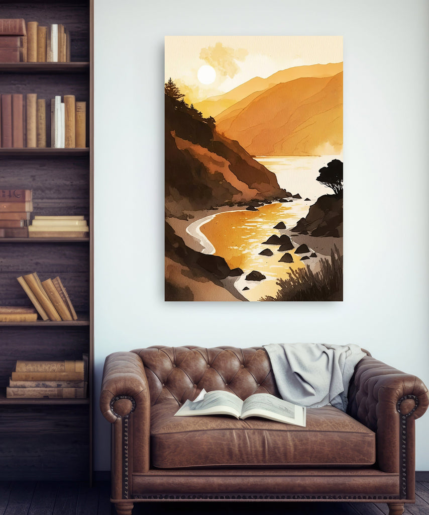 California Big Sur Beach Sunset Art Print Watercolor Ocean Wall Art Coastal Landscape Painting Gift Beach House Decor