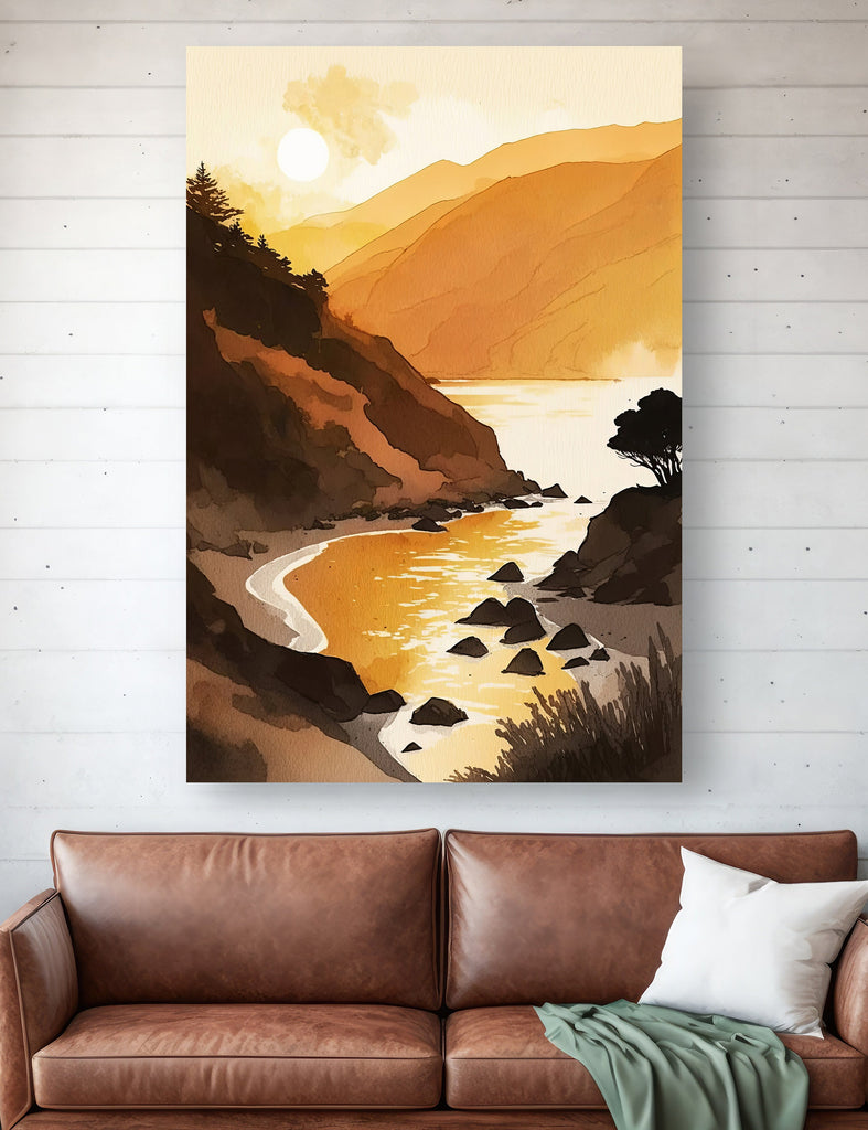 California Big Sur Beach Sunset Art Print Watercolor Ocean Wall Art Coastal Landscape Painting Gift Beach House Decor