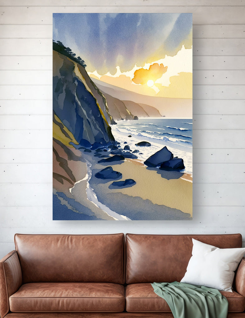 California Big Sur Beach Sunset Art Print Watercolor Ocean Wall Art Coastal Landscape Painting Gift Beach House Decor