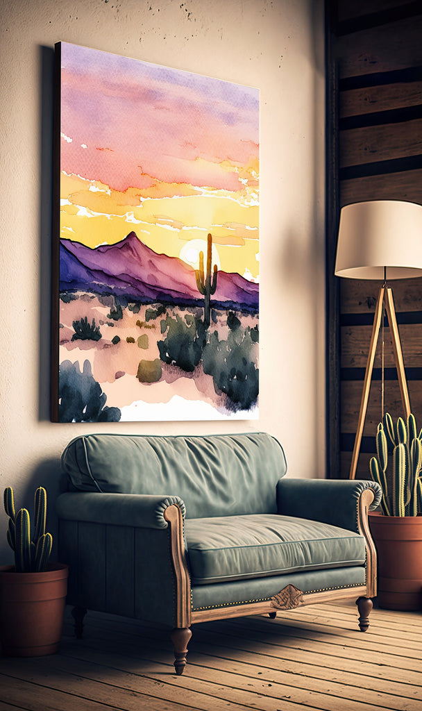 Desert Cactus Sunset Print Colorful Minimalist Watercolor Wall Art Southwest Landscape Gift Saguaro Beautiful Nature Home Decor