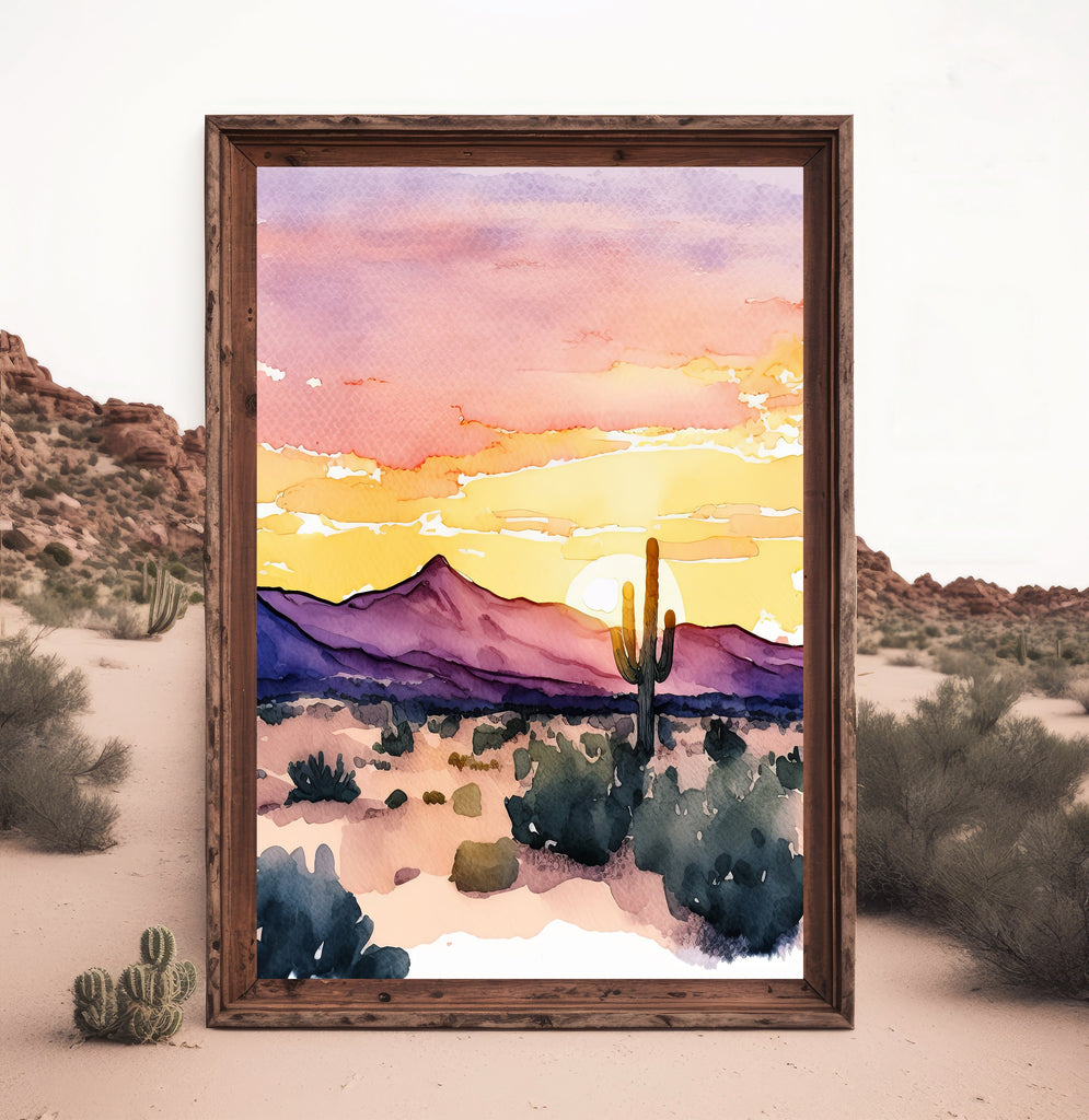 Desert Cactus Sunset Print Colorful Minimalist Watercolor Wall Art Southwest Landscape Gift Saguaro Beautiful Nature Home Decor