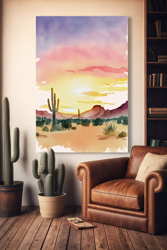 Desert Cactus Sunset Print Colorful Minimalist Watercolor Wall Art Southwest Landscape Gift Saguaro Beautiful Nature Home Decor