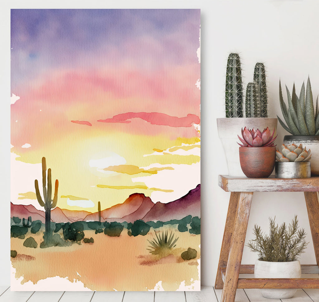 Desert Cactus Sunset Print Colorful Minimalist Watercolor Wall Art Southwest Landscape Gift Saguaro Beautiful Nature Home Decor